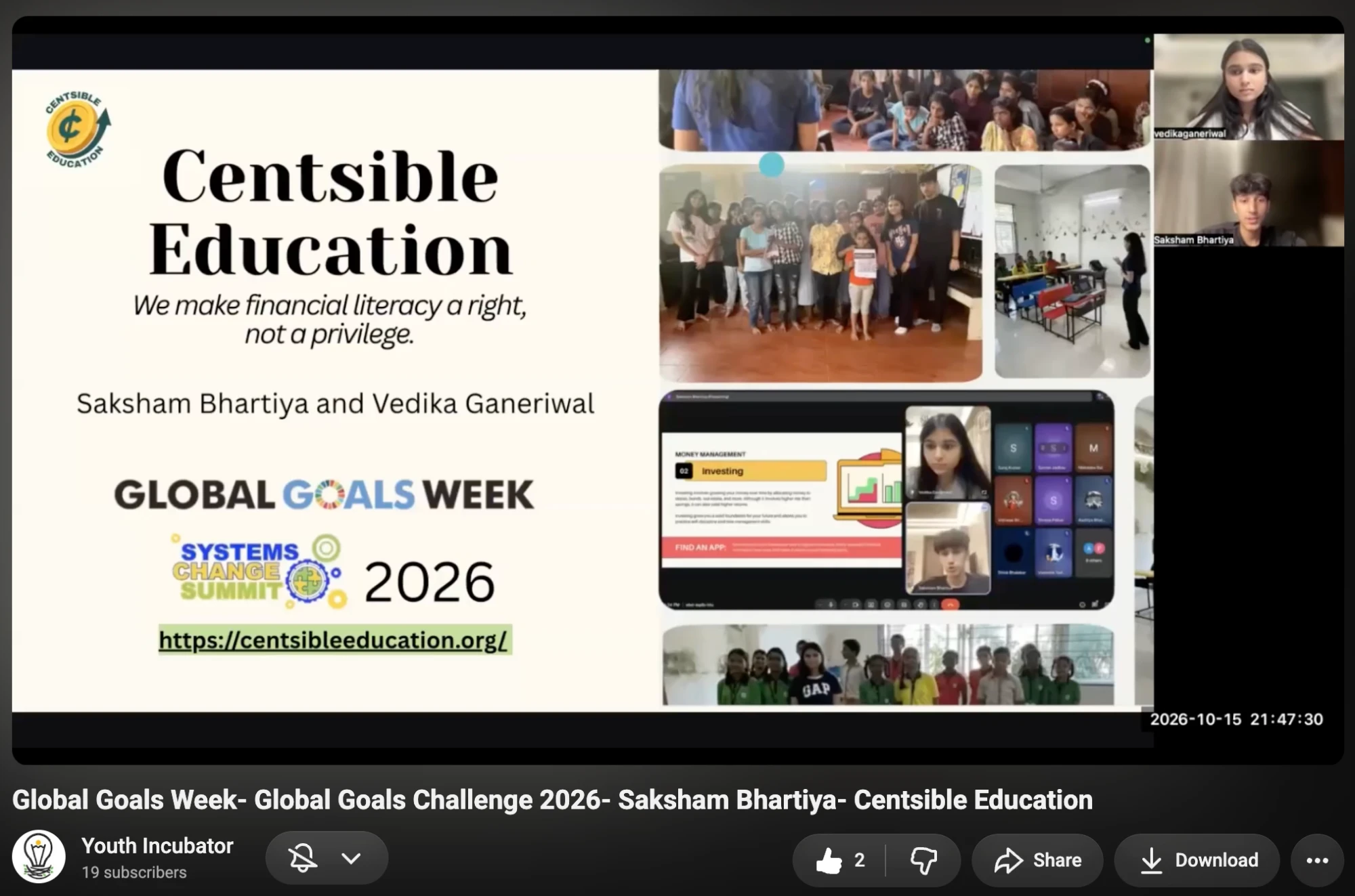 Saksham Bhartiya presenting Centsible Education at Global Goals Week 2026